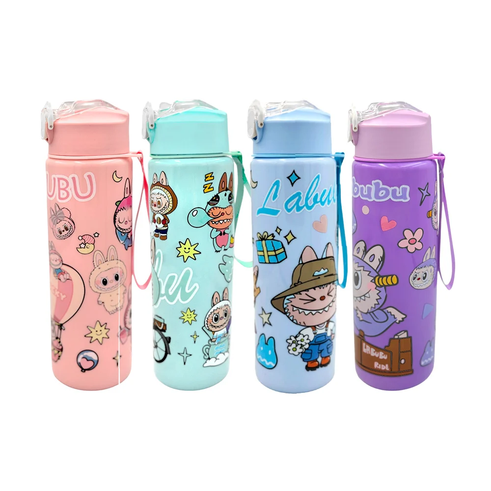 Botella de plástico con tapa, popote, correa y estampado de labubus, variedad de colores / lbb-016 / lbb-008