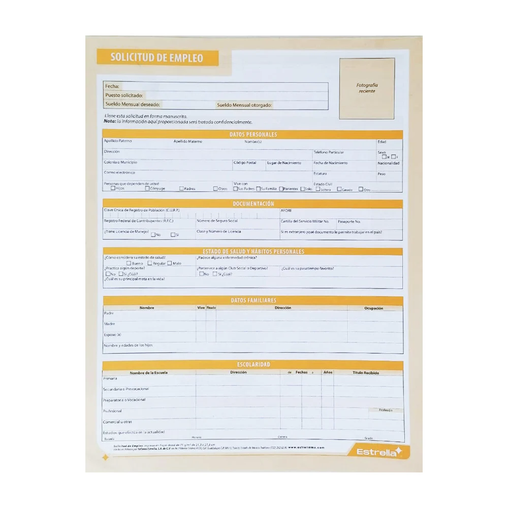 Block solicitud de empleo con 40 hojas tamaño carta / estrella