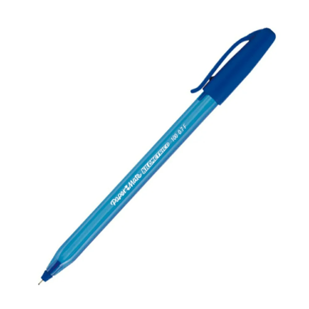 Caja con 12 bolígrafos paper mate kilométrico con punta fina 0.7mm y tinta azul ultra suave