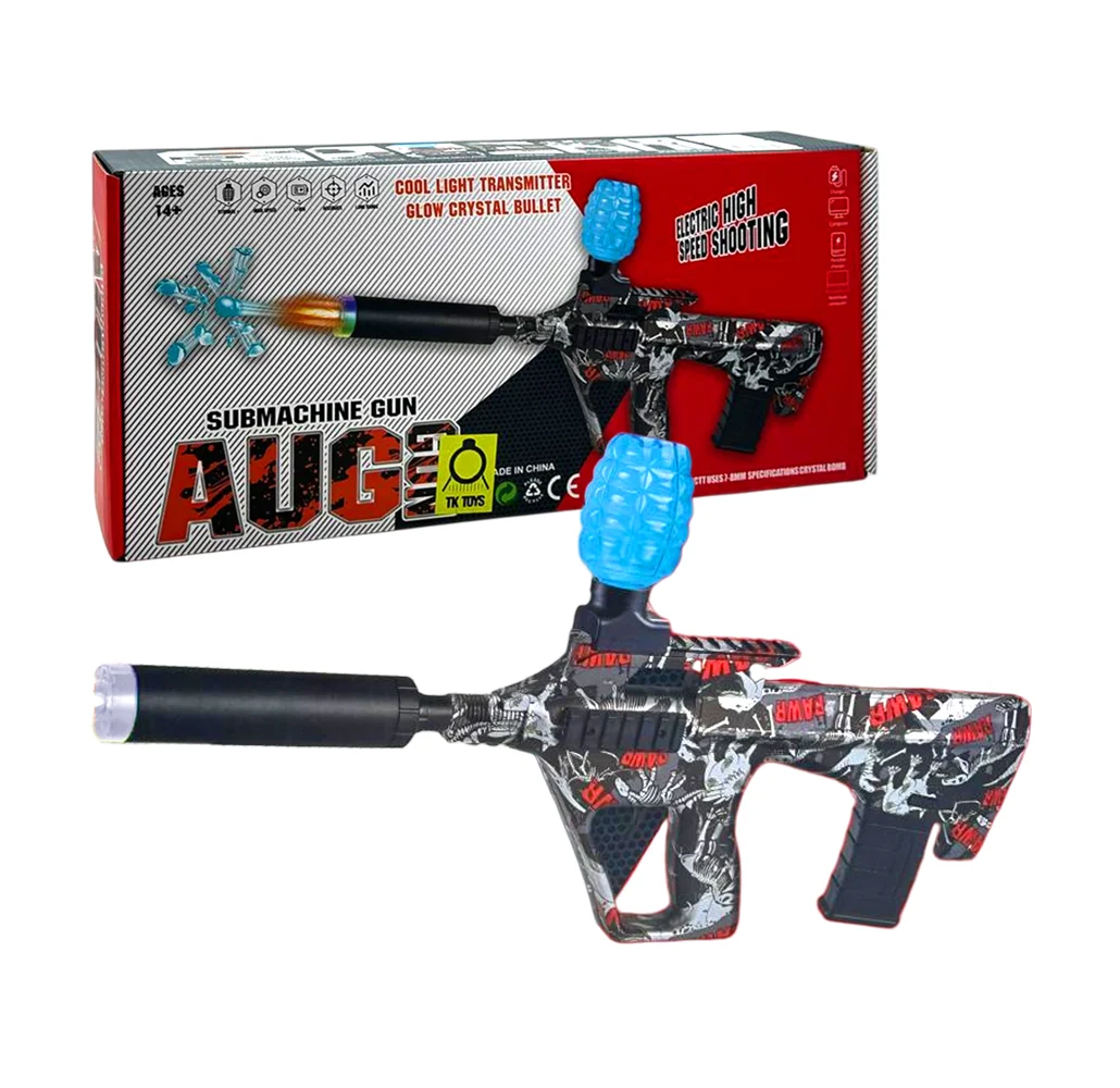 Pistola eléctrica lanza bolitas de hidrogel con diseño estampado esqueletos de dinosaurio plateados o graffiti verde con gris / submachine gun aug / 012