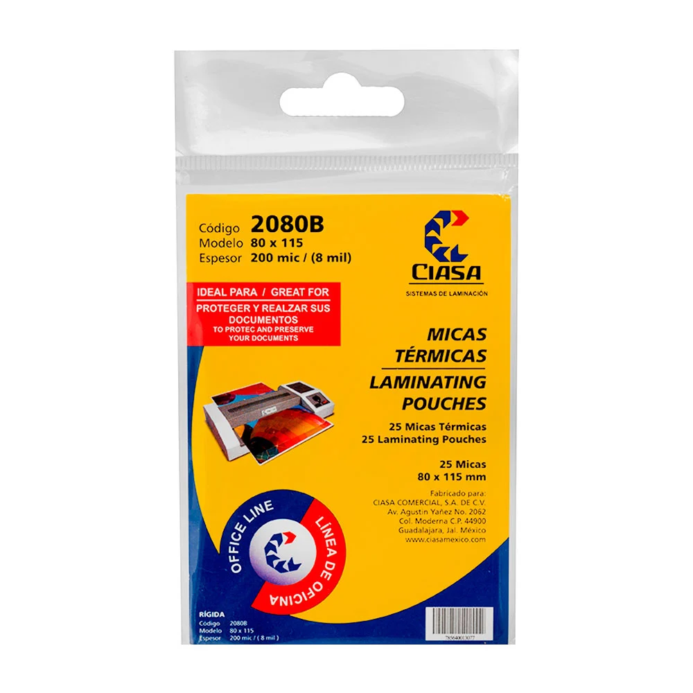 Paquete con 25 micas térmicas ciasa 80x115 tamaño credencial / 2080b / 506103 / laminating pouches