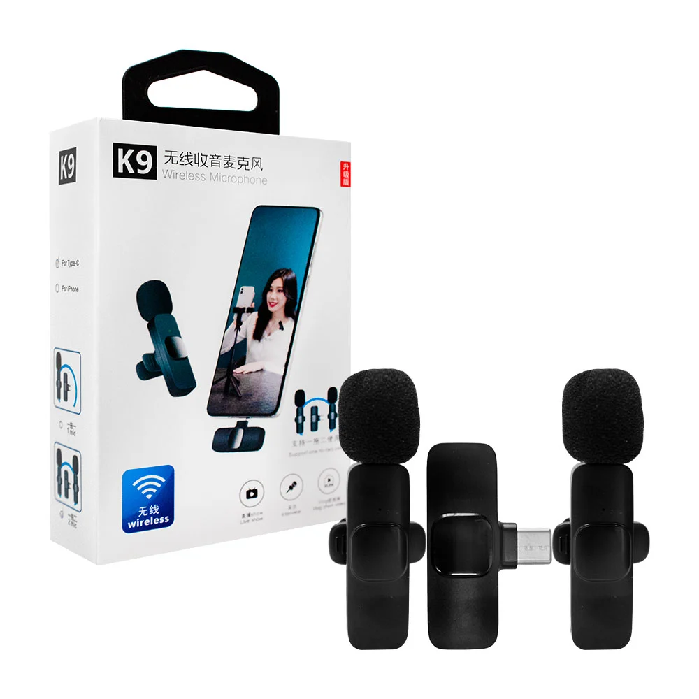 Caja con 2 micrófonos de solapa k9 inalámbricos con entrada tipo c y clip para grabación de audio y video, variedad de usos / 02088 / k9 wireless microphone
