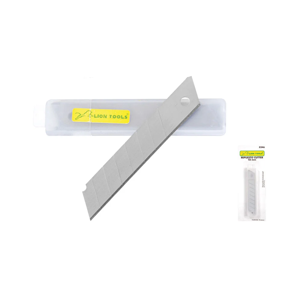 Estuche transparente con 10 cuchillas lion tools de repuesto para cutter, 18mm / 0346