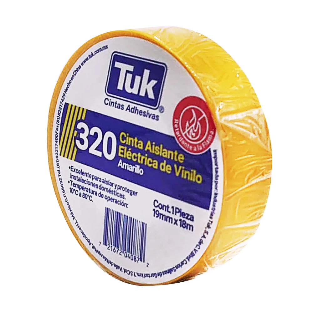 1pza Cinta aislante eléctrica de vinilo tuk color amarilla con 18m y 1.9cm de ancho / 320 / 345016