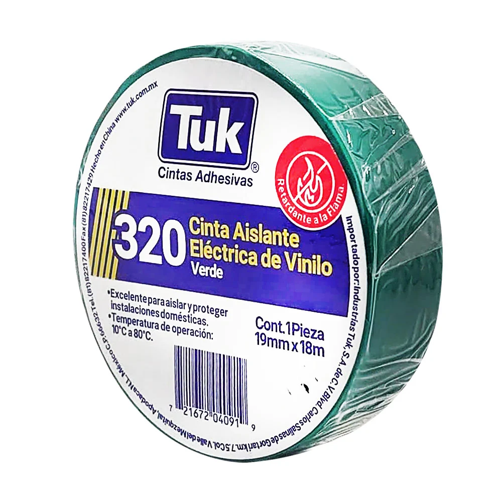 1pza Cinta aislante eléctrica de vinilo tuk color verde con 18m y 1.9cm de ancho / 320 / 345019