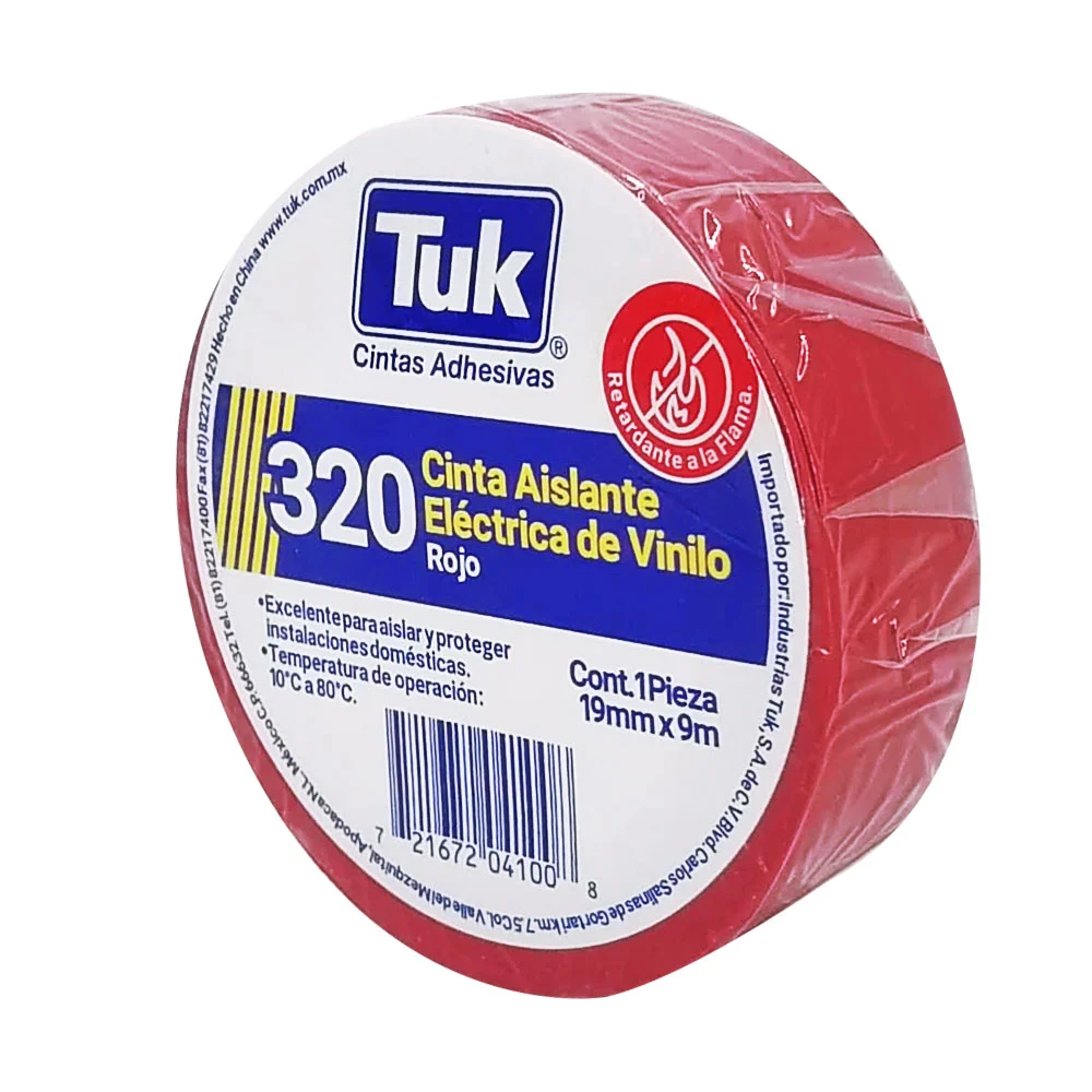 1pza Cinta aislante eléctrica de vinilo tuk color roja con 9m y 1.9cm de ancho / 320 / 345023
