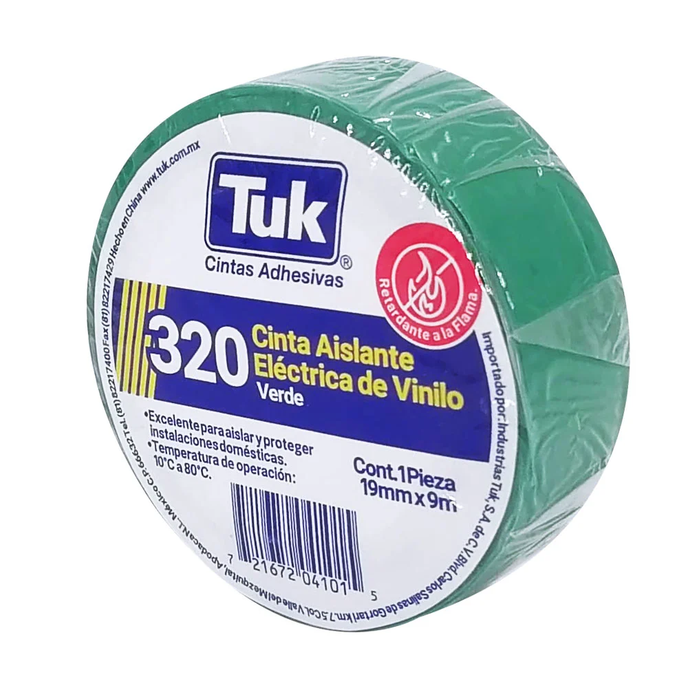 1pza Cinta aislante eléctrica de vinilo tuk color verde con 9m y 1.9cm de ancho / 320 / 345024
