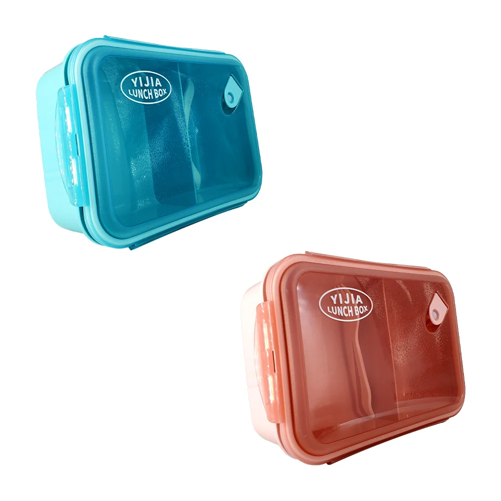 Tupper rectangular de plástico con 2 compartimientos y 2 cubiertos, variedad de colores / yijia lunch box / 0505