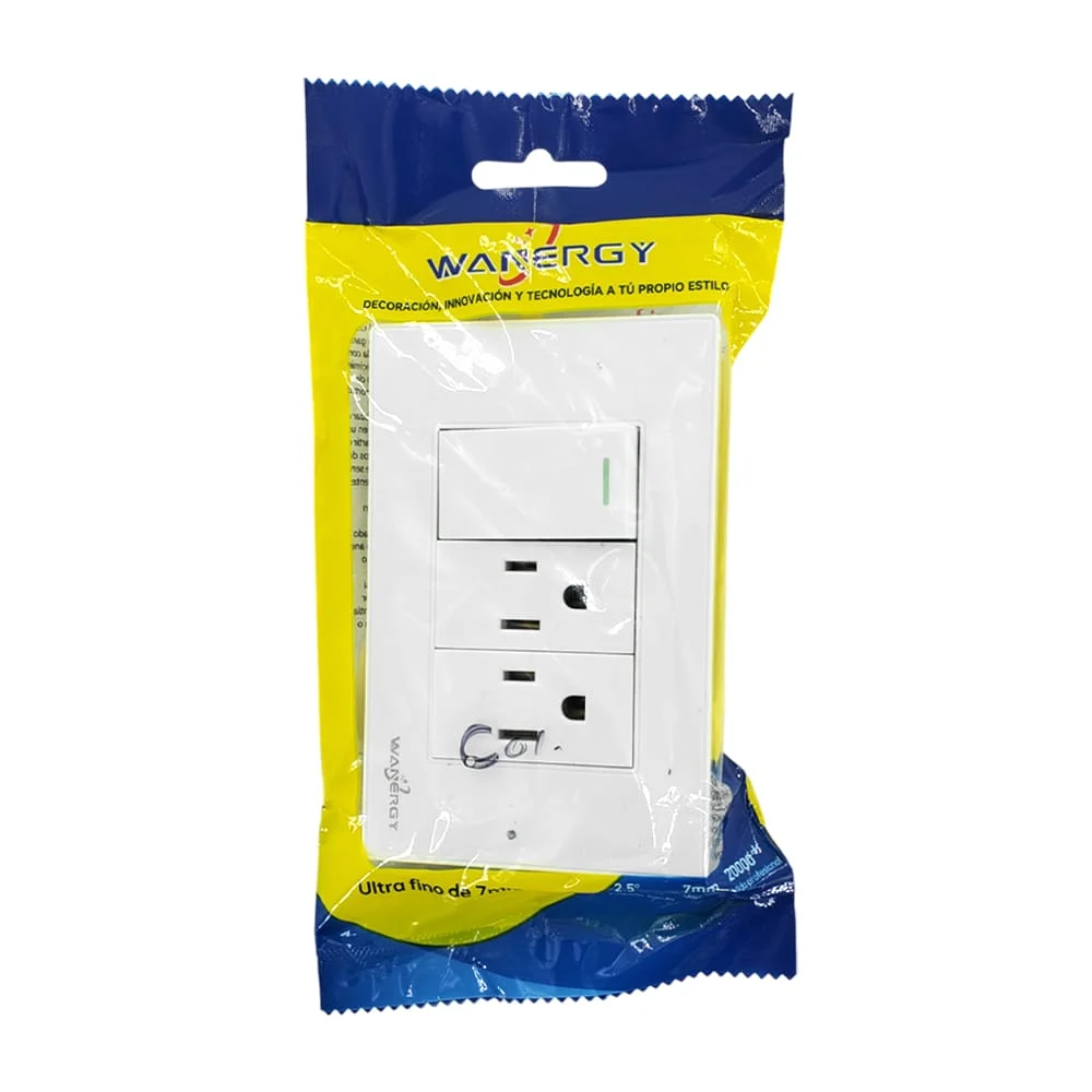 Placa apagador sencillo de pared con 2 enchufes wanergy de color blanco / 052111