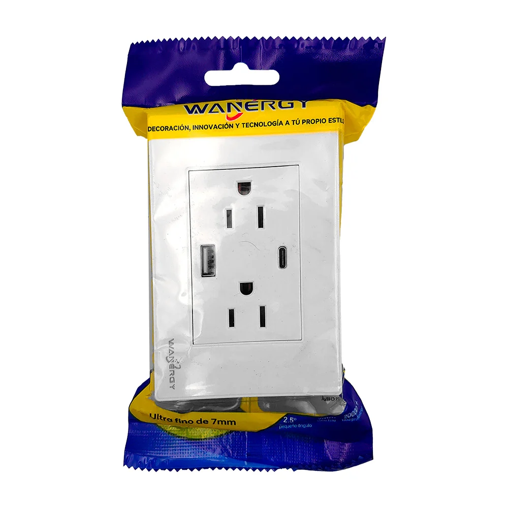 Placa de 2 tomacorrientes wanergy, color blanco con entrada usb y tipo c / 05215