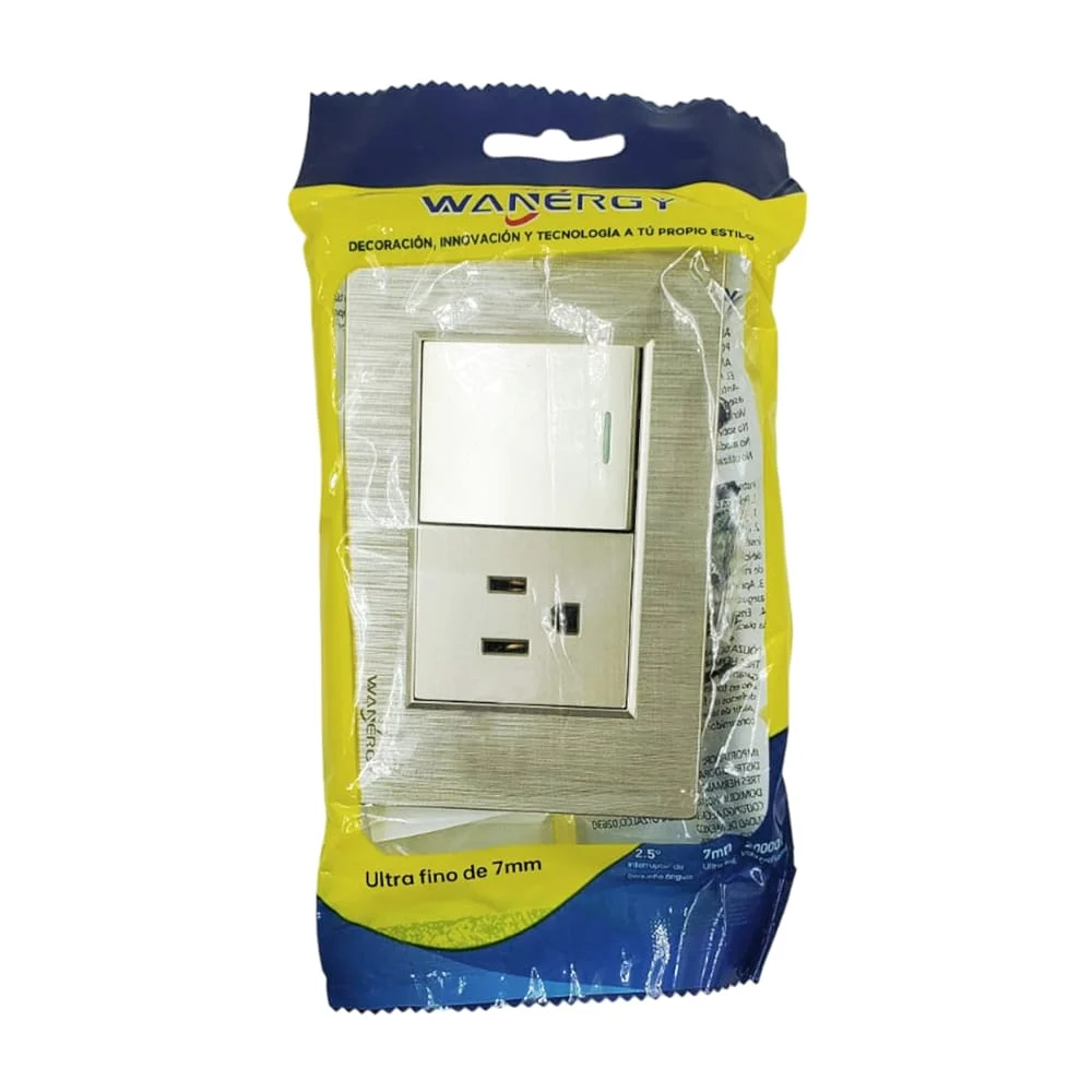 Placa apagador sencillo de pared con enchufe wanergy de color dorado / 052456