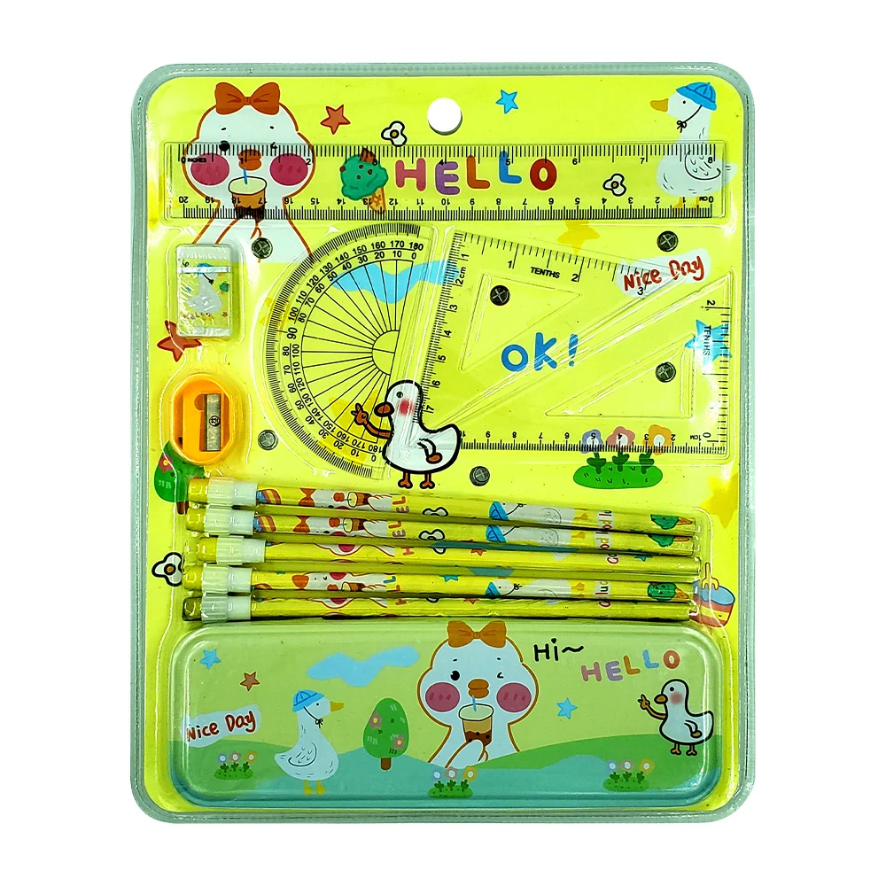 Juego de geometría con borrador, sacapuntas, 5 lápices y estuche de colores con diseño kawaii de animales, variedad de diseños / kt-001