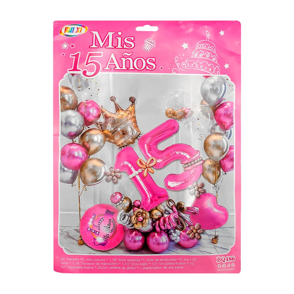 Kit decorativo de mis 15 años con 55 globos de diversos tamaños y tira cadena transparente, variedad de diseños / rui xi / bq486