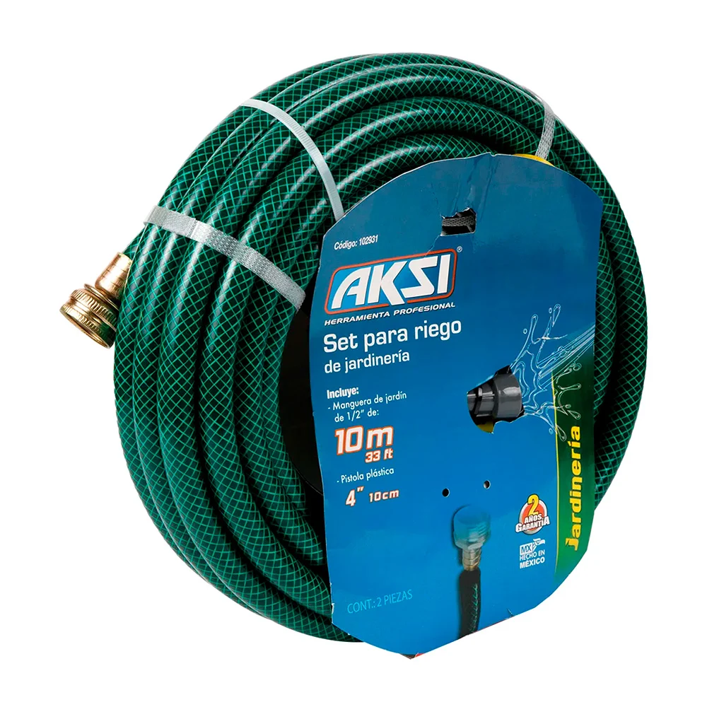 Kit manguera de 10 mts con pistola para riego / aksi / set de jardinería