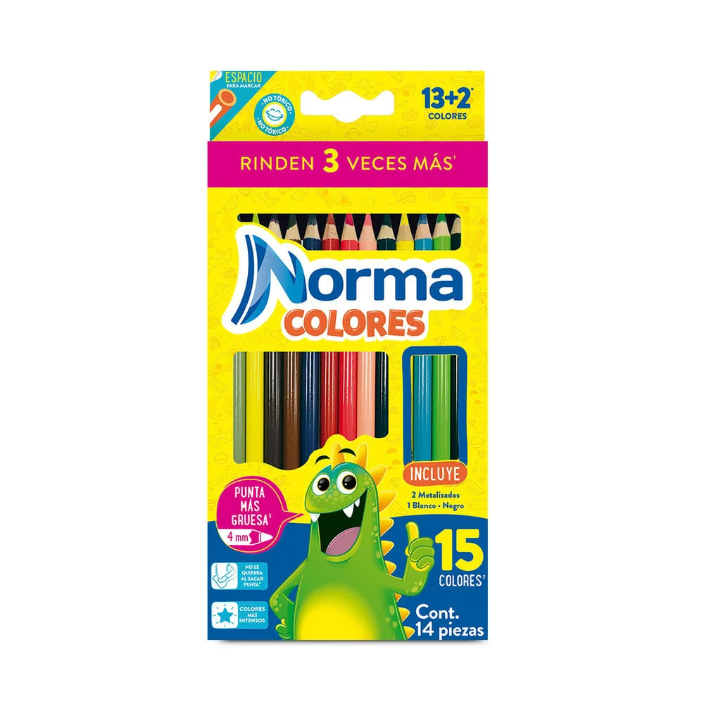Caja con 14 lápices de colores largos y 1 bicolor norma de punta gruesa 4mm / pb-2121902