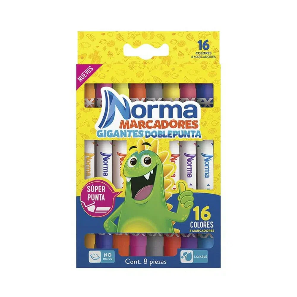 Caja con 8 marcadores gigantes norma de doble punta bicolor con 16 colores / 446113
