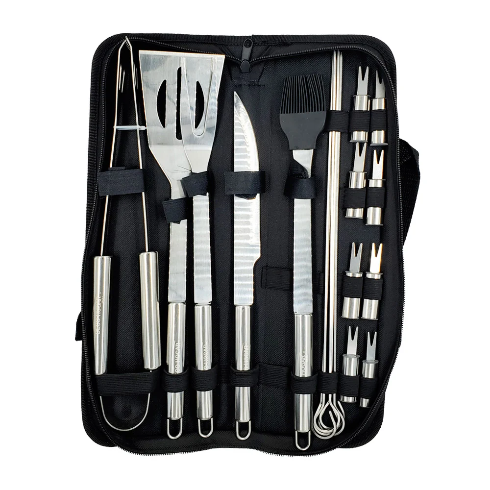 Estuche negro con 18 utensilios de acero inoxidables para bbq / deco hogar 10583