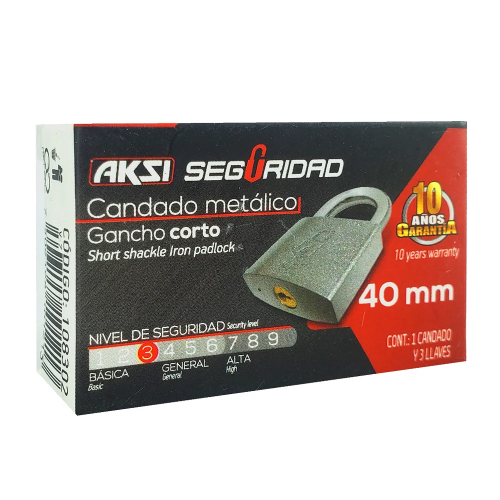 Candado metálico aksi de 40mm con gancho corto y juego de 3 llaves / 108302
