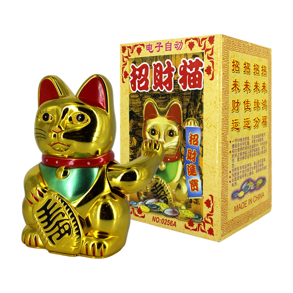 Figura decorativa en forma de gato chino de la suerte dorado de 15cm con ranura para baterías / 0256a / 11267