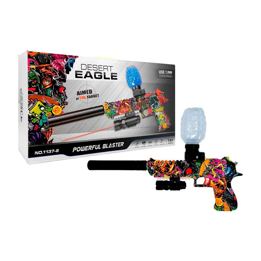 Pistola de juguete powerful blaster con tanque para balas de hidrogel 7-8mm, apuntador infrarrojo y estampado de calaveras con zombies / desert eagle