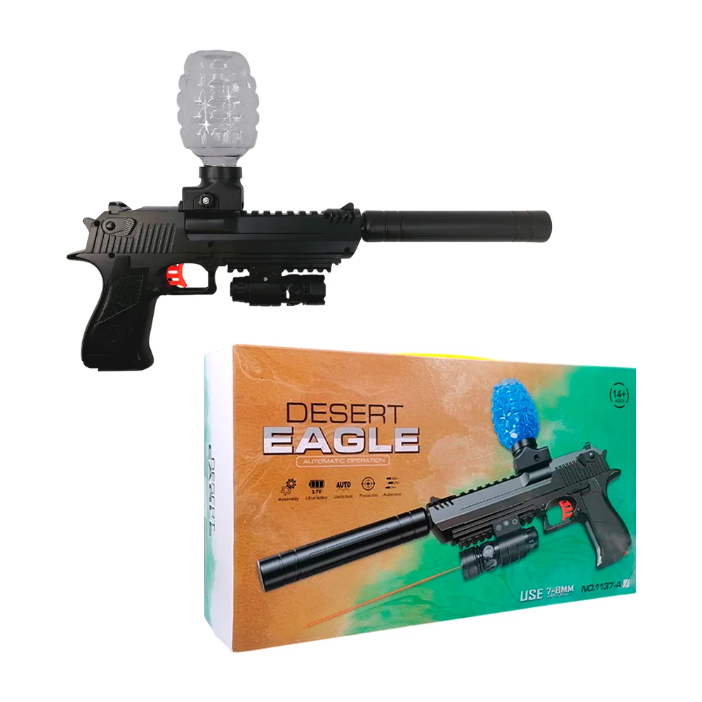 Pistola rifle de juguete desert eagle con tanque de balas hidrogel 7-8mm, apuntador infrarrojo + estampado de graffiti en color azul y plateado / powerful blaster