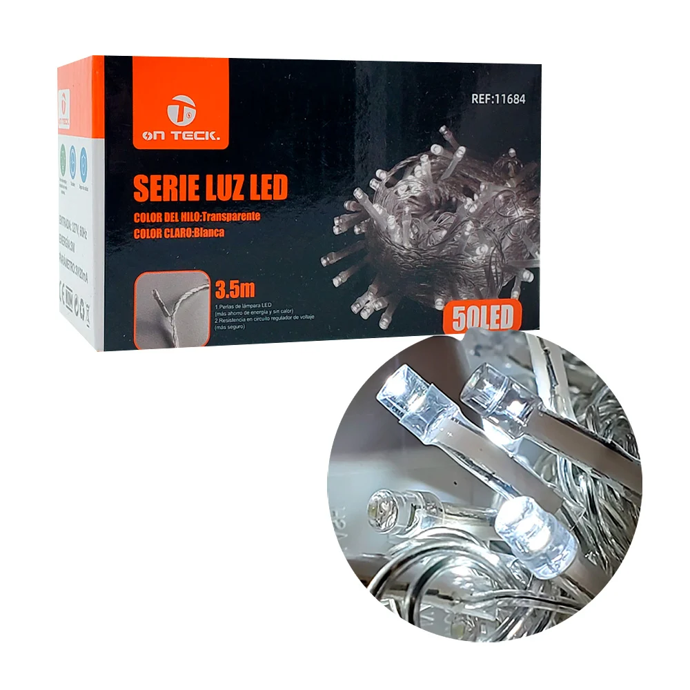 Serie de 50 luces led en tono frío con cable transparente para decoración navideña, 3.5m / on teck / 11684