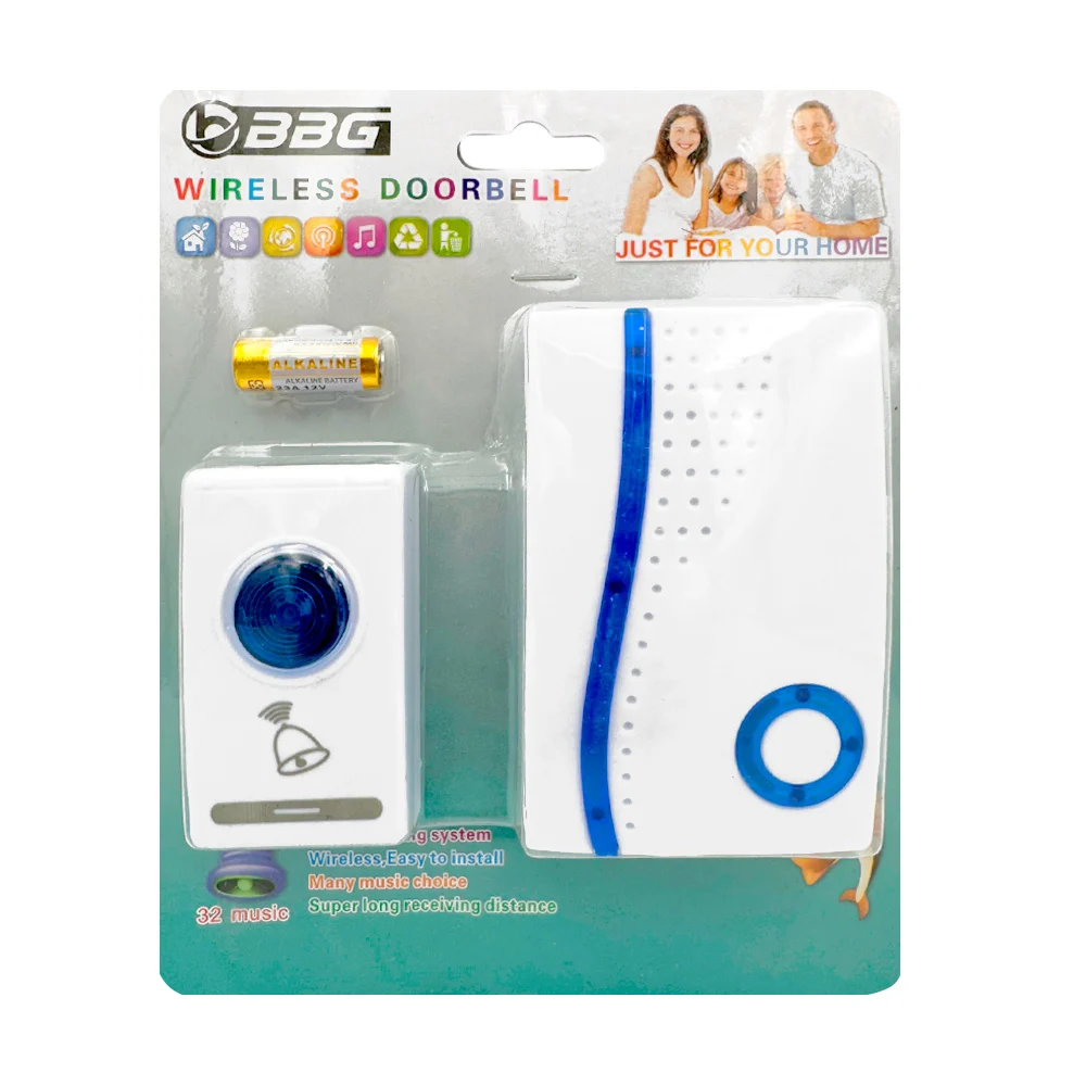 Timbre inalámbrico con 32 sonidos melodías + pulsador y batería / wireless doorbell / 11684