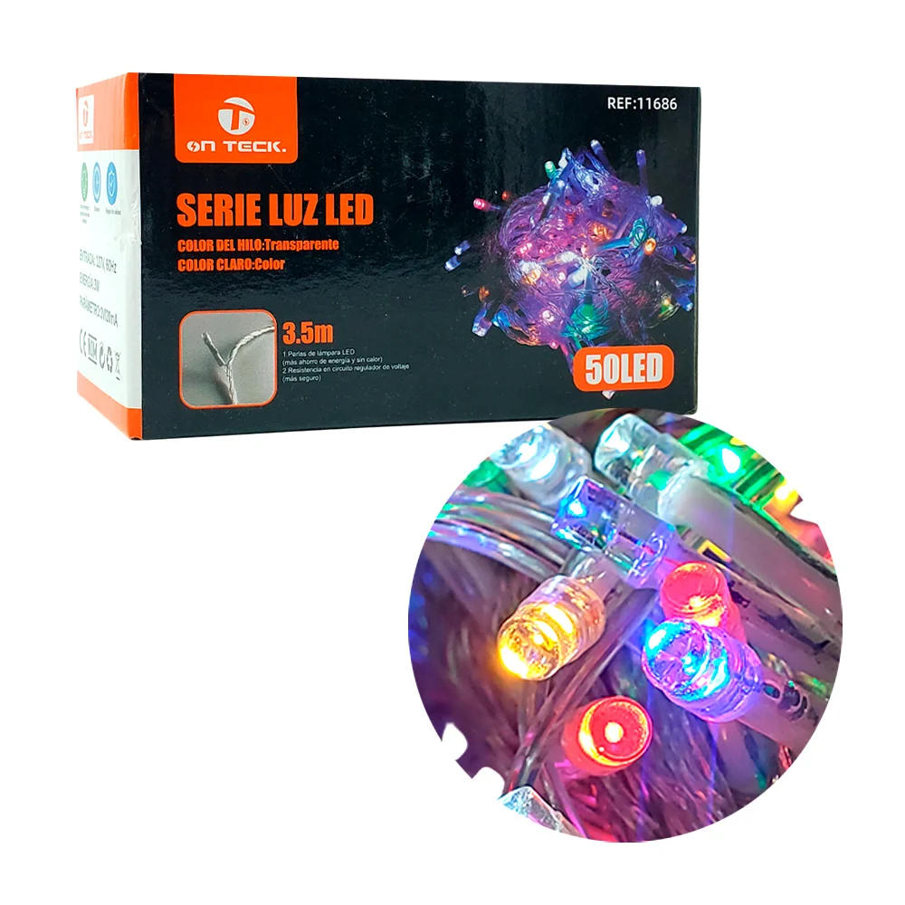 Serie de 50 luces led multicolor on teck para decoración navideña con cable transparente, 3.5m / 11686