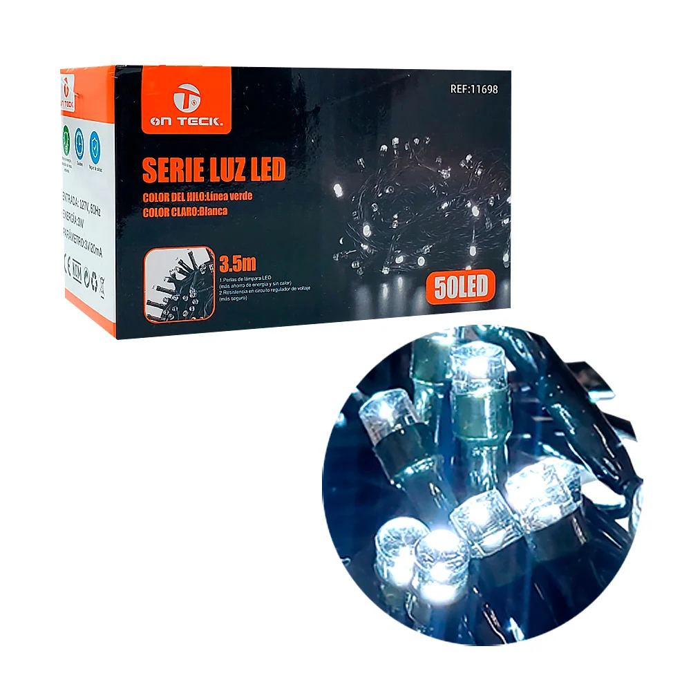 Serie de 50 luces led on teck en tono frío para decoración navideña con cable verde, 3.5m / 11698