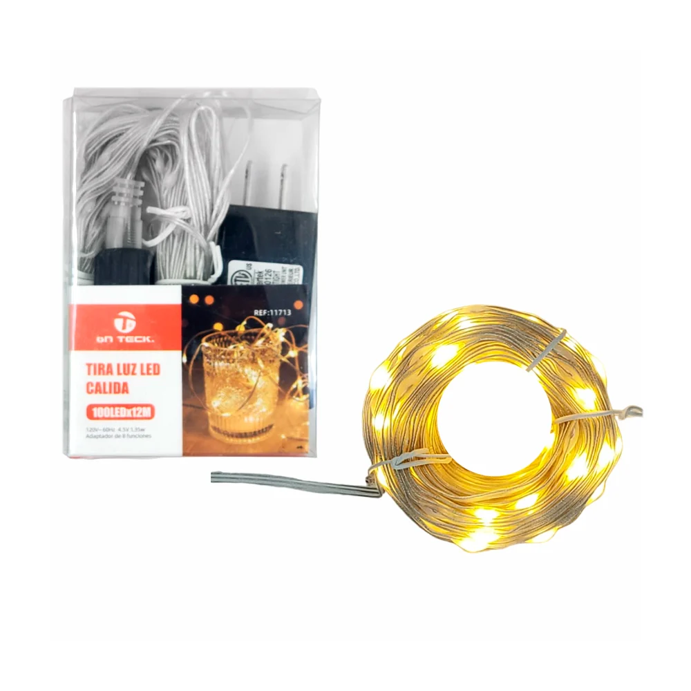 Tira led on teck de 12 metros con cable transparente y 100 focos de luz cálida / 11713
