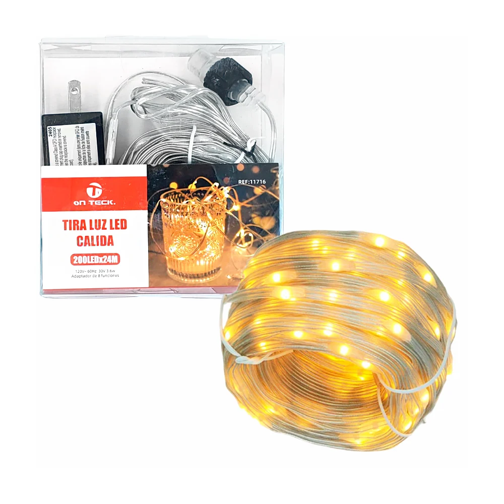 Tira led on teck de 24 metros con cable transparente y 200 focos de luz cálida / 11716