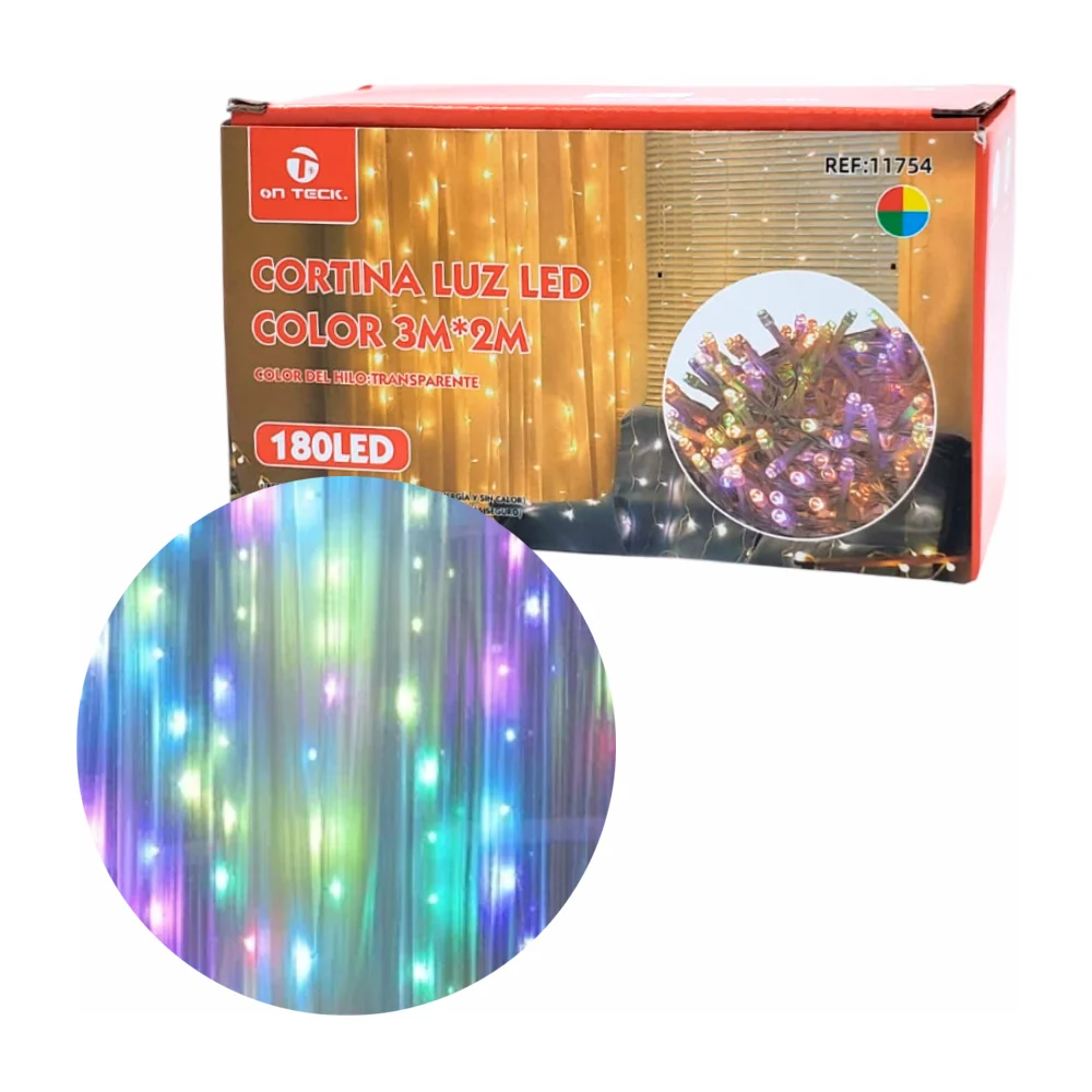 Serie cascada on teck tipo cortina de 3x2m con cable transparente y 180 focos led multicolor / 11754