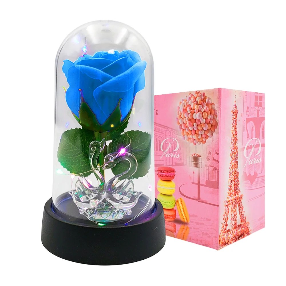 Rosa encapsulada con tira led y 2 figuras transparentes de cisnes, 15cm, variedad de colores / paris / 17549