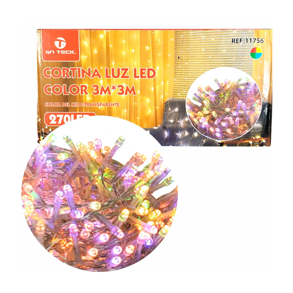Serie cascada on teck tipo cortina de 3x3m con cable transparente y 270 focos led multicolor / 11756