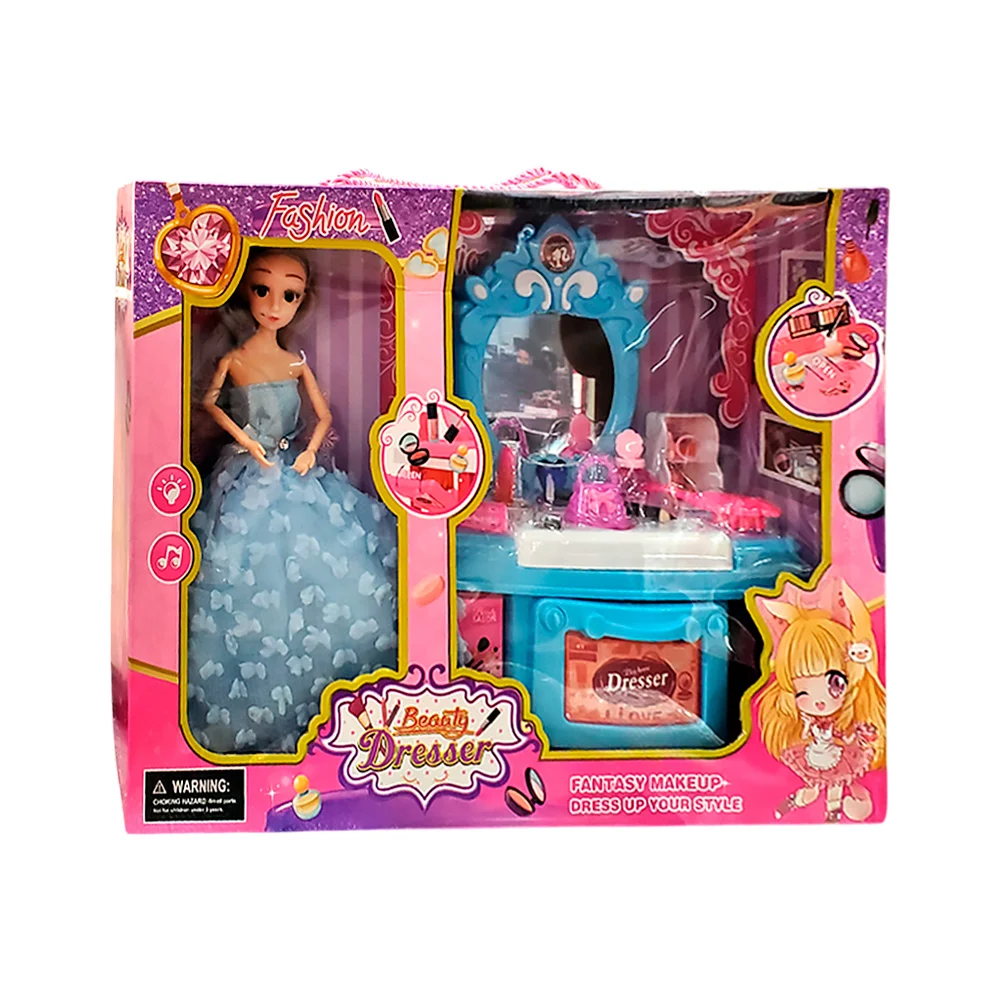 Muñeca articulada con vestido largo + tocador con espejo y accesorios de maquillaje infantil, variedad de colores / beauty dresser / 1179