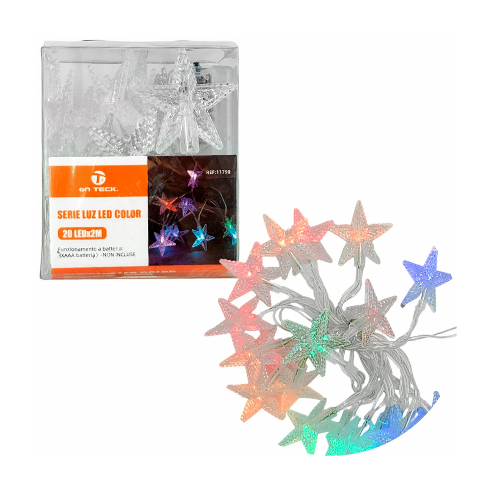 Serie luz led multicolor on teck de 2 metros con 20 figuras en formas de estrellas / 11790