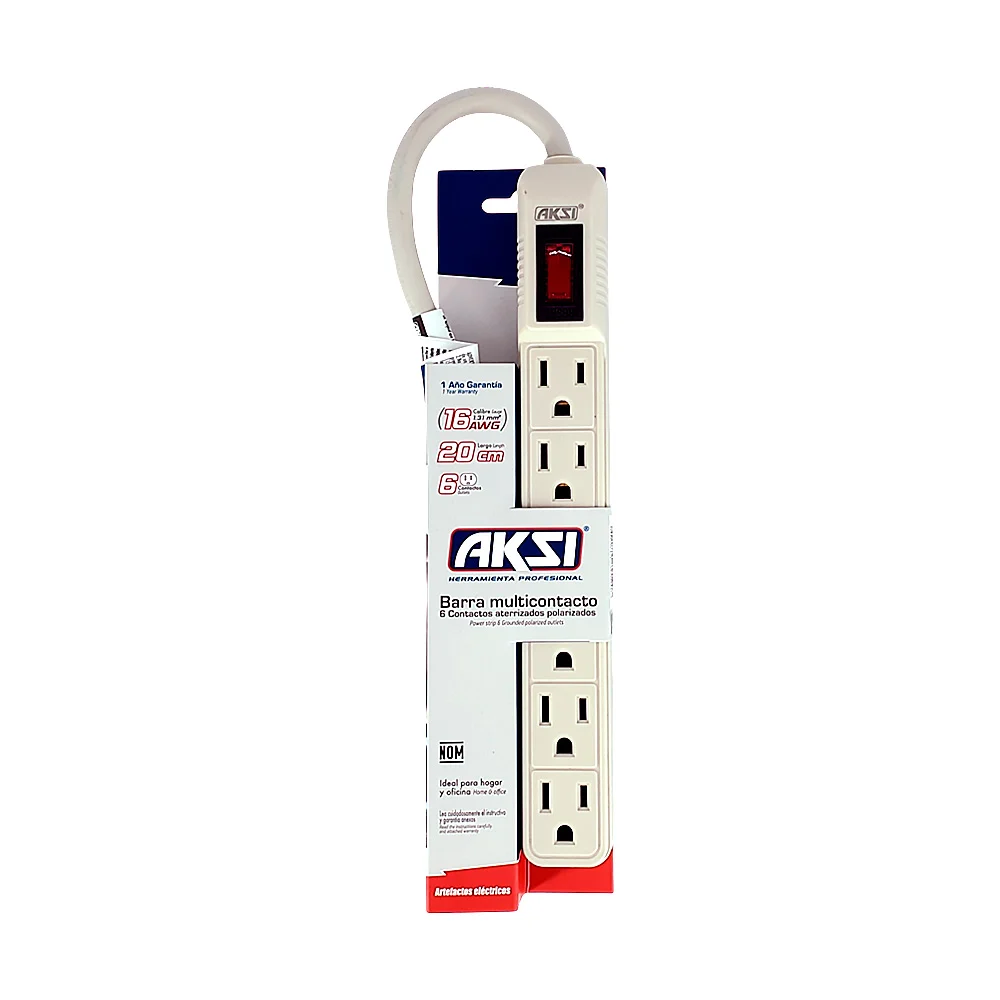 Barra multicontacto aksi con 6 contactos tomacorrientes y cable de 20cm / mul16-206-ak