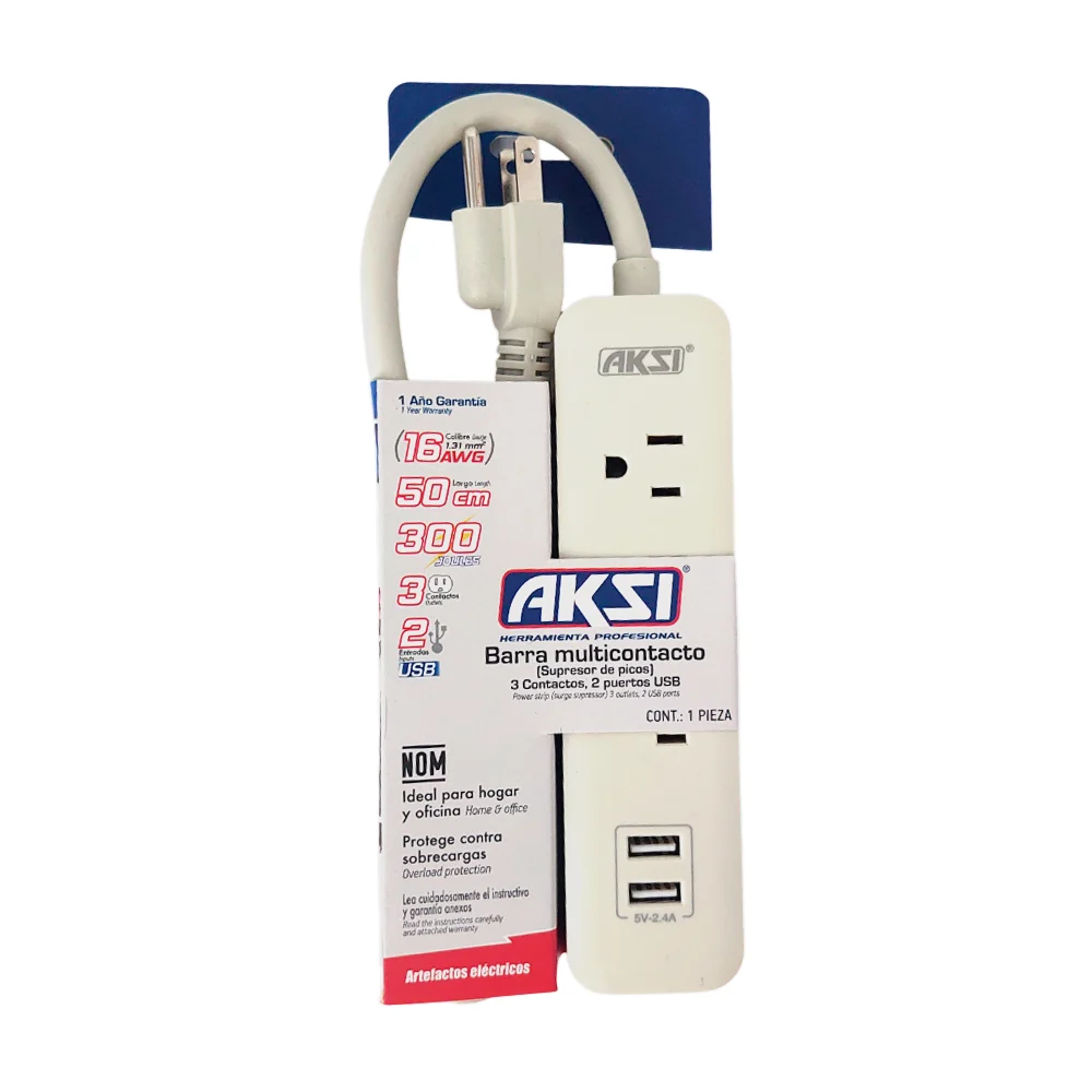 Barra multicontacto aksi con 3 tomacorrientes contactos, 2 puertos usb y cable de 50cm / mul16-3e-2usb-ak
