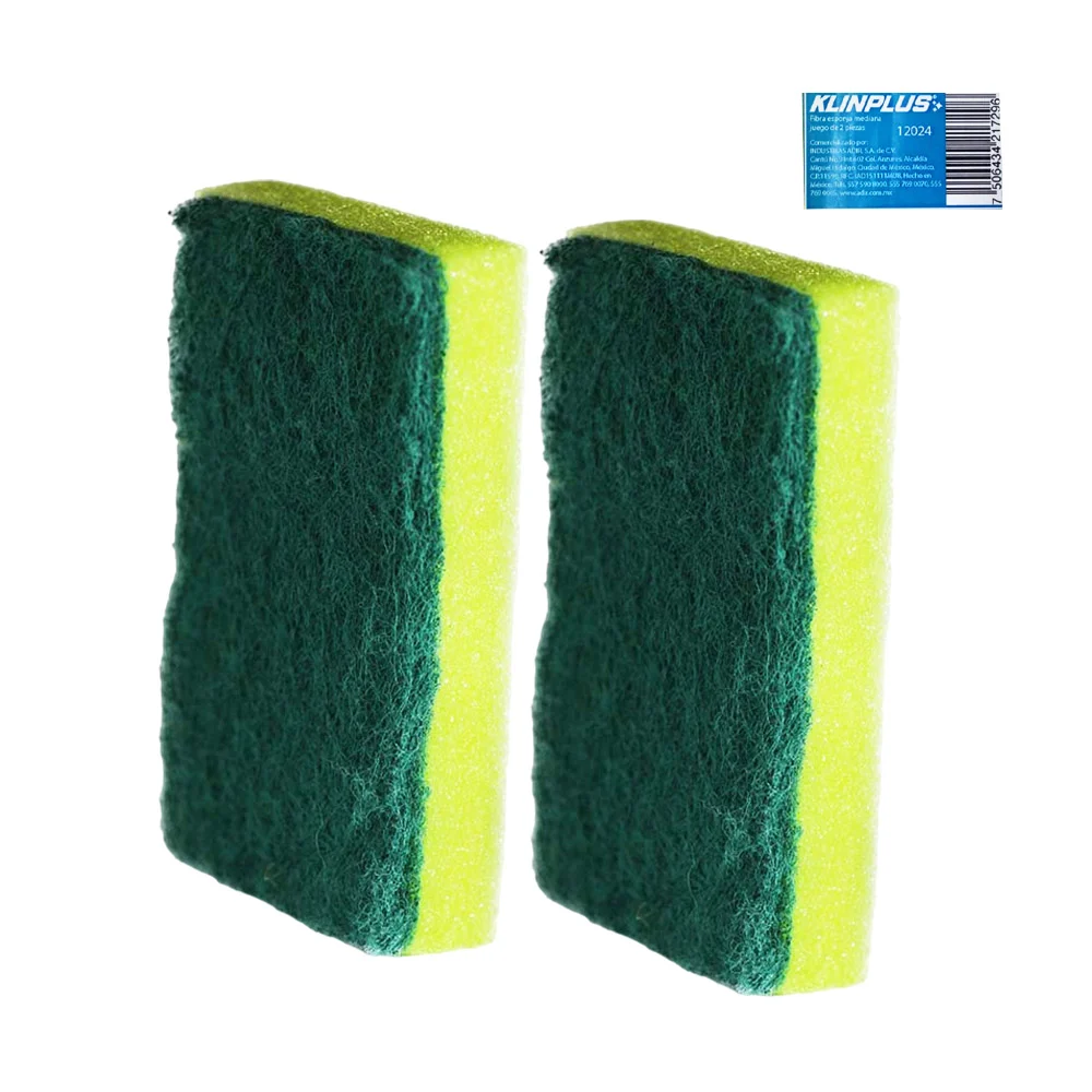 Paquete con 2 esponjas rectangulares medianas de doble fibra para lavar trastes / klinplus / 12024