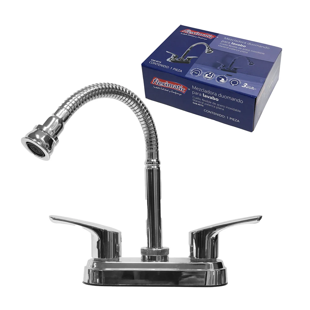 Llave mezcladora duomando para lavabo con palanca plana y cuello flexible de acero inoxidable / fleximatic