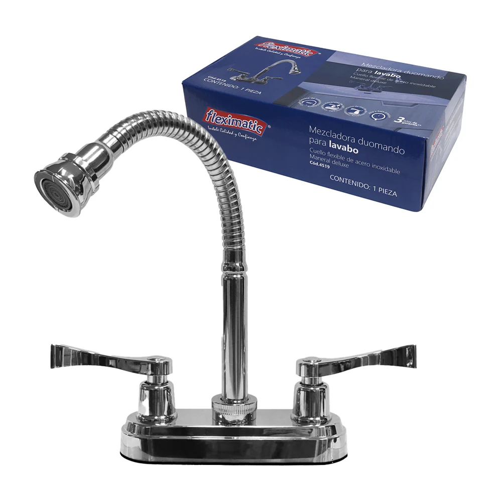 Llave mezcladora duomando para lavabo con cuello flexible y manerales deluxe de acero inoxidable / 4519
