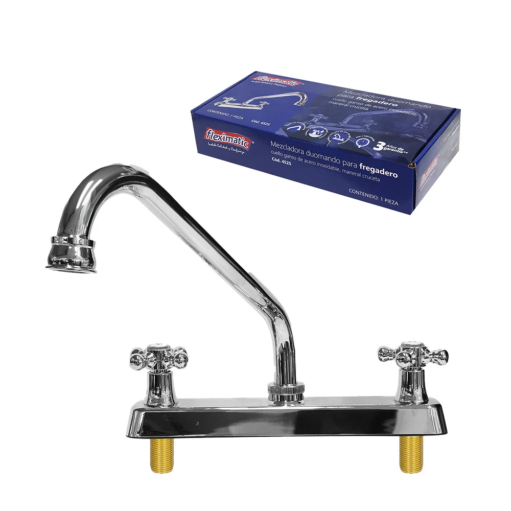 Llave mezcladora duomando para fregadero con cuello largo y maneral cruceta de acero inoxidable / 4523