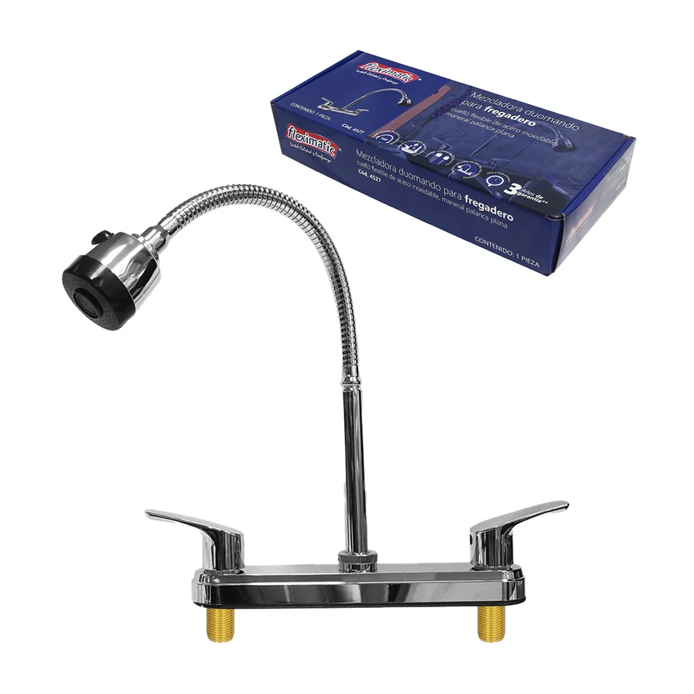 Llave mezcladora duomando para fregadero con cuello flexible y maneral palanca plana de acero inoxidable / 4527