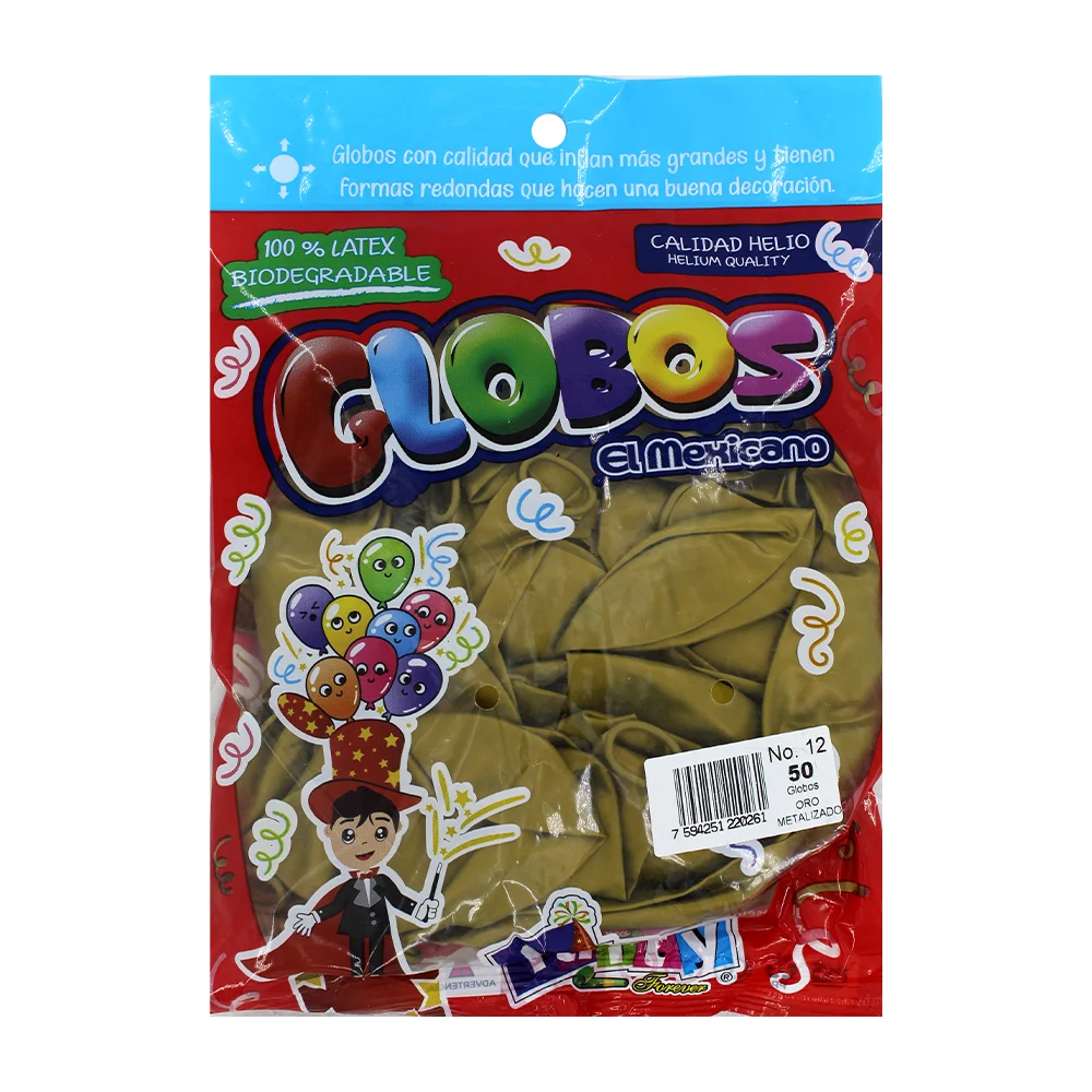 Paquete con 50 globos de látex metálicos en color oro dorado del no. 12 / globos el mexicano