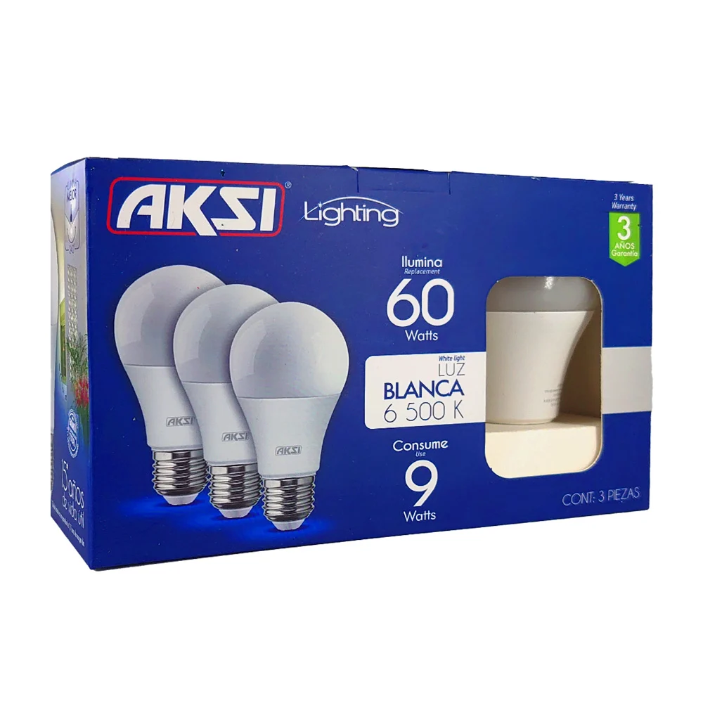 Paquete con 3 focos bombillas ahorradoras aksi de luz blanca, 6500k, 60-9w / 123001