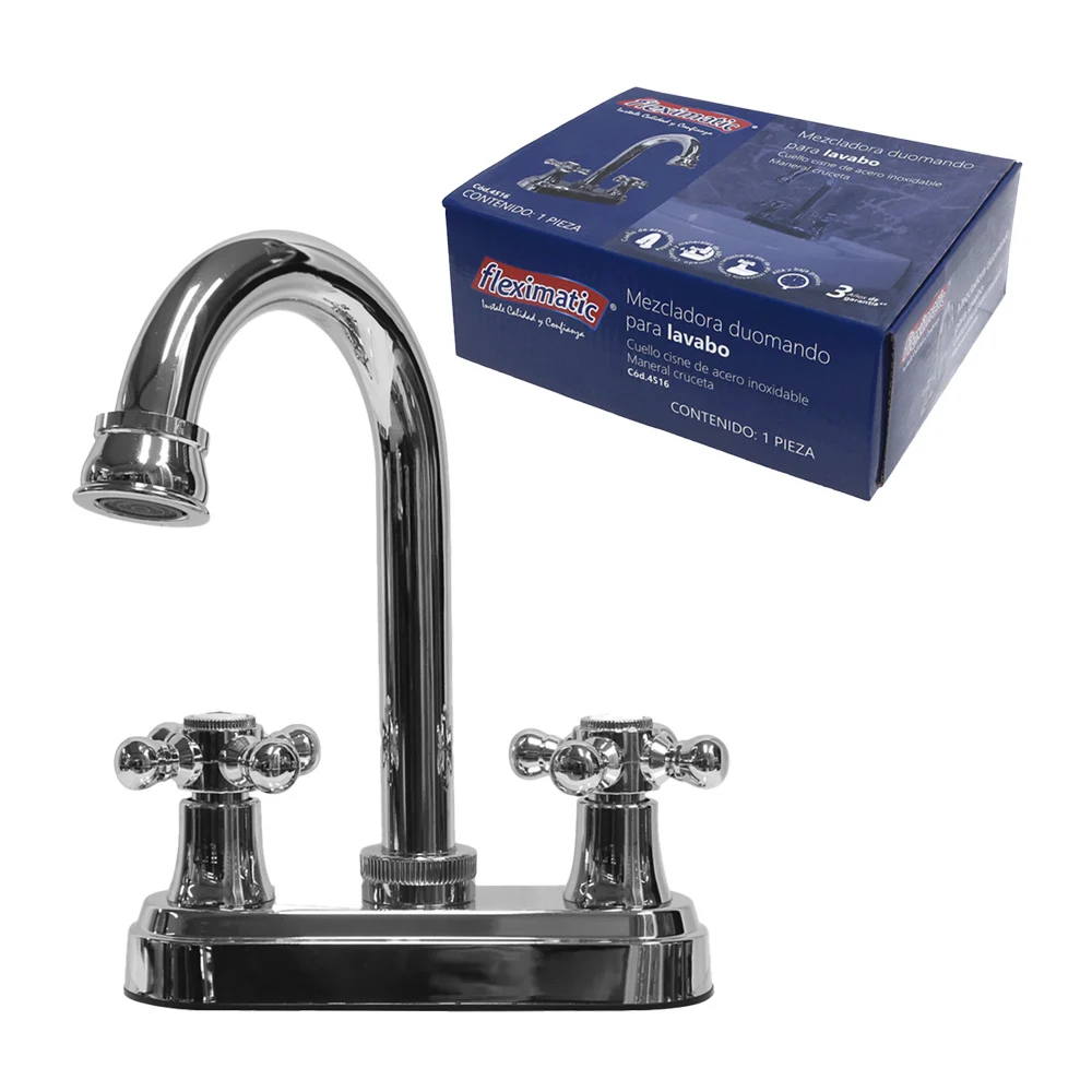 Llave mezcladora duomando para lavabo con cuello cisne y juego de manerales cruceta de acero inoxidable / 4516