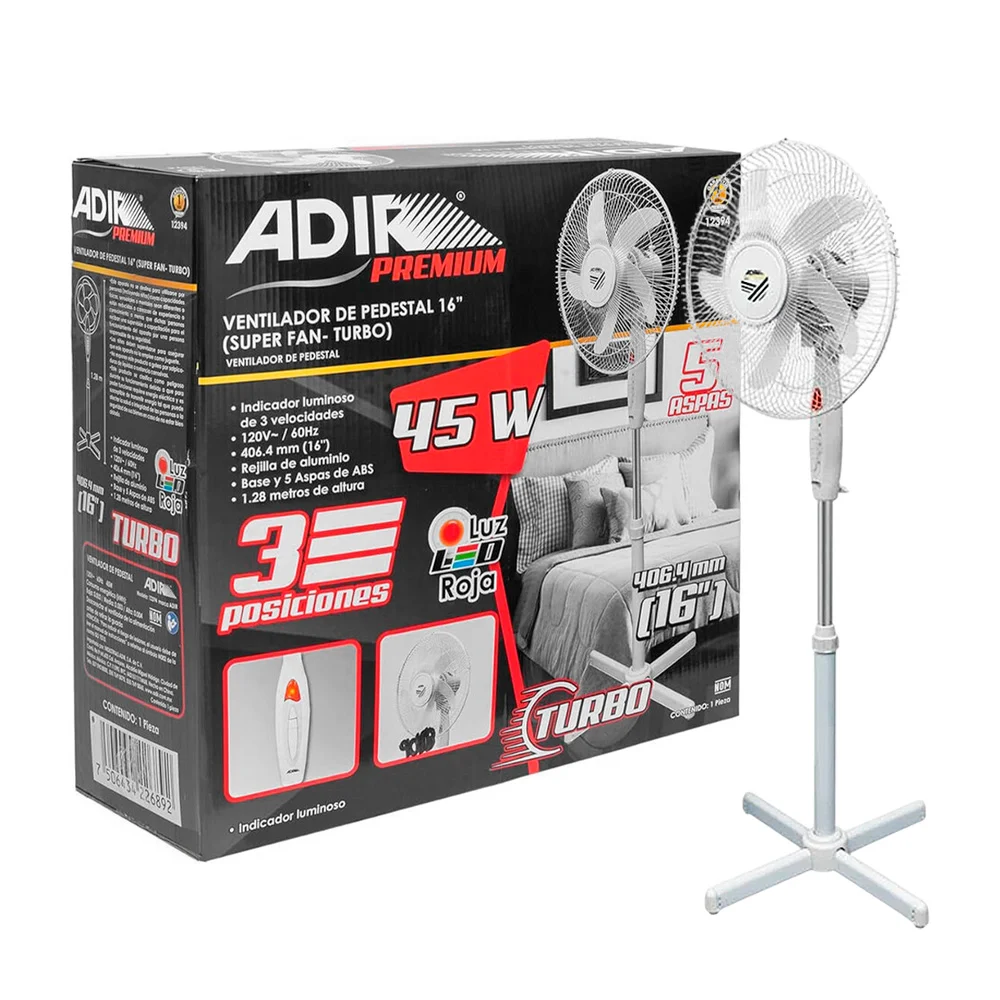 Ventilador adir con 5 aspas de pedestal de 16 pulgadas con 3 velocidades y potencia de 45w / 12394