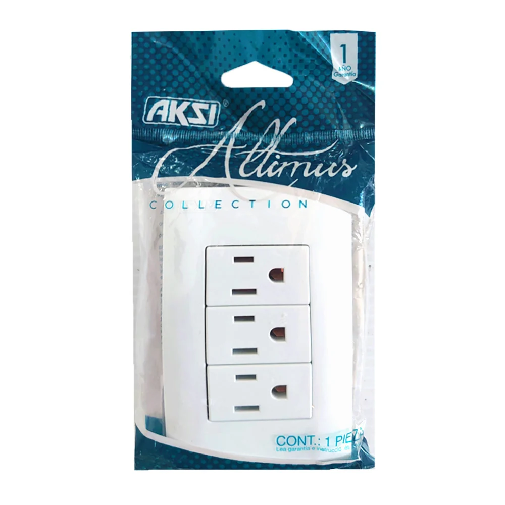Placa enchufe de pared aksi con 3 contactos tomacorriente en color blanco / 124824