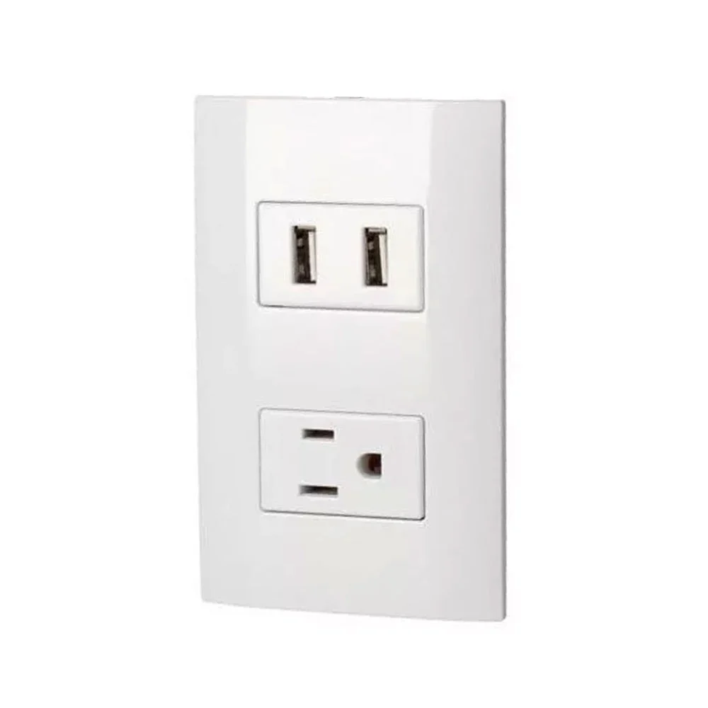 Placa de pared aksi con 1 contacto tomacorriente y 2 puertos usb en color blanco / 124826