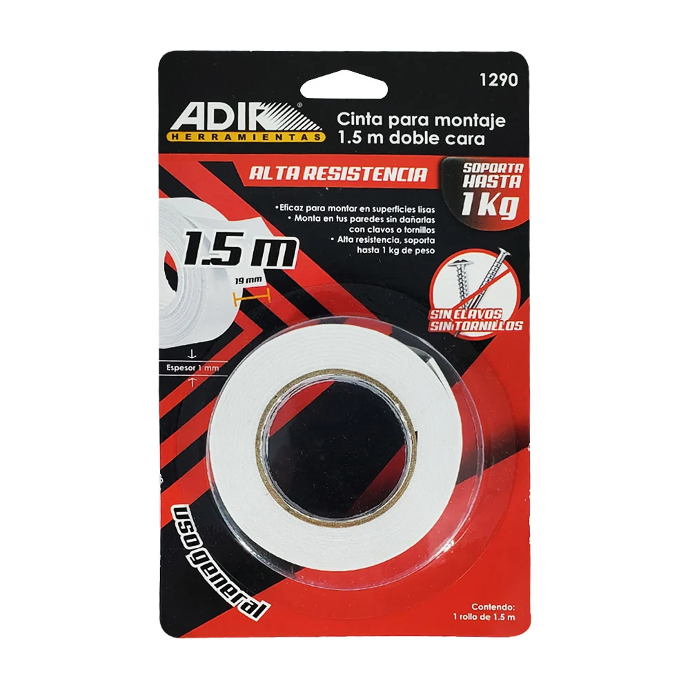 Cinta blanca doble cara multiusos de alta resistencia para montaje, 1.5m / adir